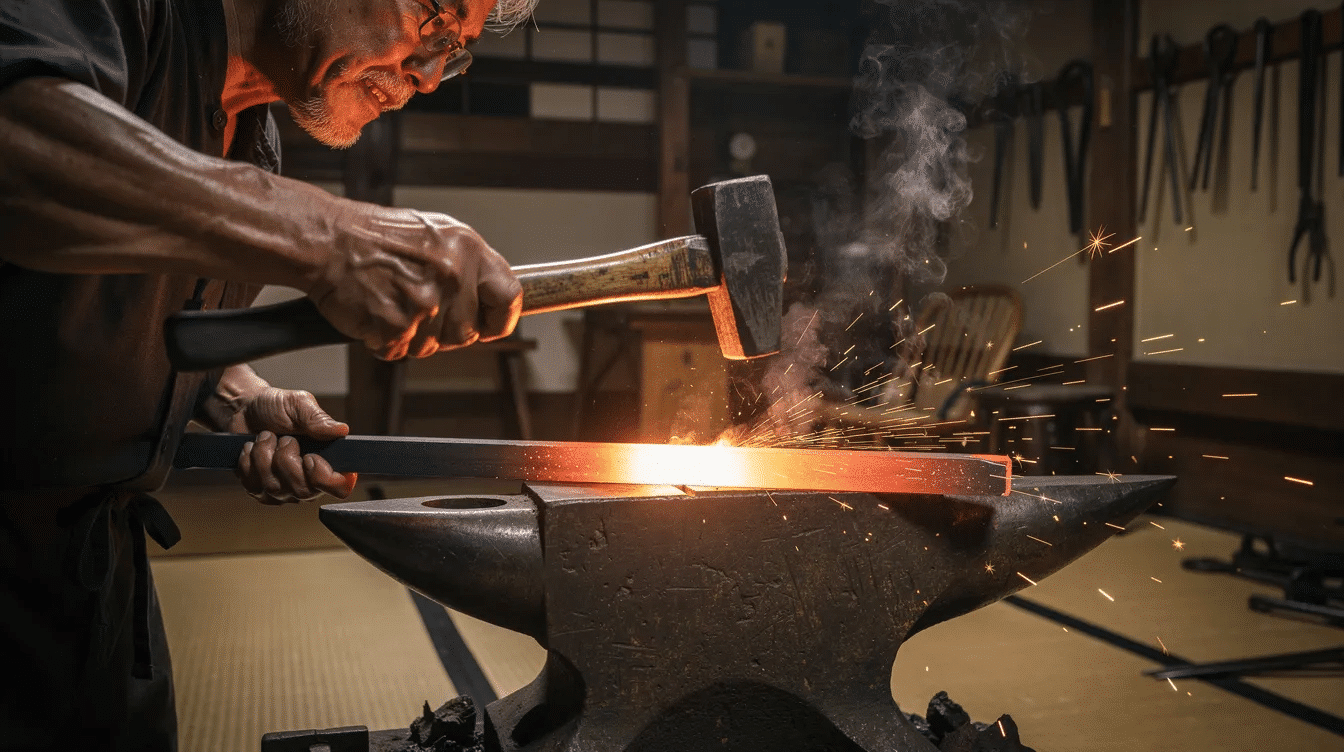 A close-up image captures a traditional Japanese blacksmith, deeply focused as he hammers glowing steel on an anvil in a dimly lit workshop, showcasing the craftsmanship involved in creating high-quality Japanese kitchen knives. The scene highlights the artistry and skill of the blacksmiths who forge razor-sharp blades for professional chefs and home cooks alike.