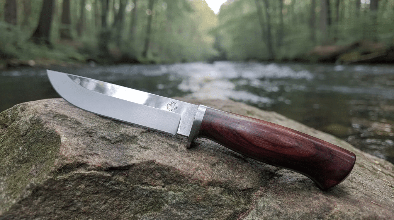 A Japanese hunting knife with a wooden handle rests on a natural stone surface near a gently flowing forest stream, showcasing its carbon steel blade designed for outdoor activities like hunting and camping. The knife's quality craftsmanship and ergonomic shape highlight its ideal features for cutting and durability in various outdoor settings.