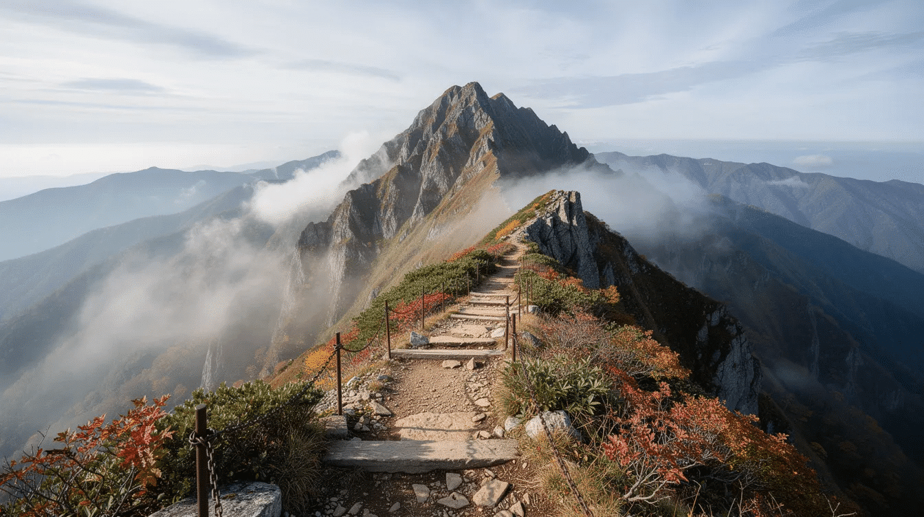 The image depicts Mount Ishizuchi, the highest peak in western Japan, characterized by its rugged terrain and natural beauty, symbolizing the enduring spirit of the region's skilled artisans who have crafted exceptional Japanese knives for over a century. The mountain serves as a backdrop to the rich history and quality of Tosa knives, including the VG10 Damascus chef knife and kiritsuke petty knife, renowned for their exceptional sharpness and durability.