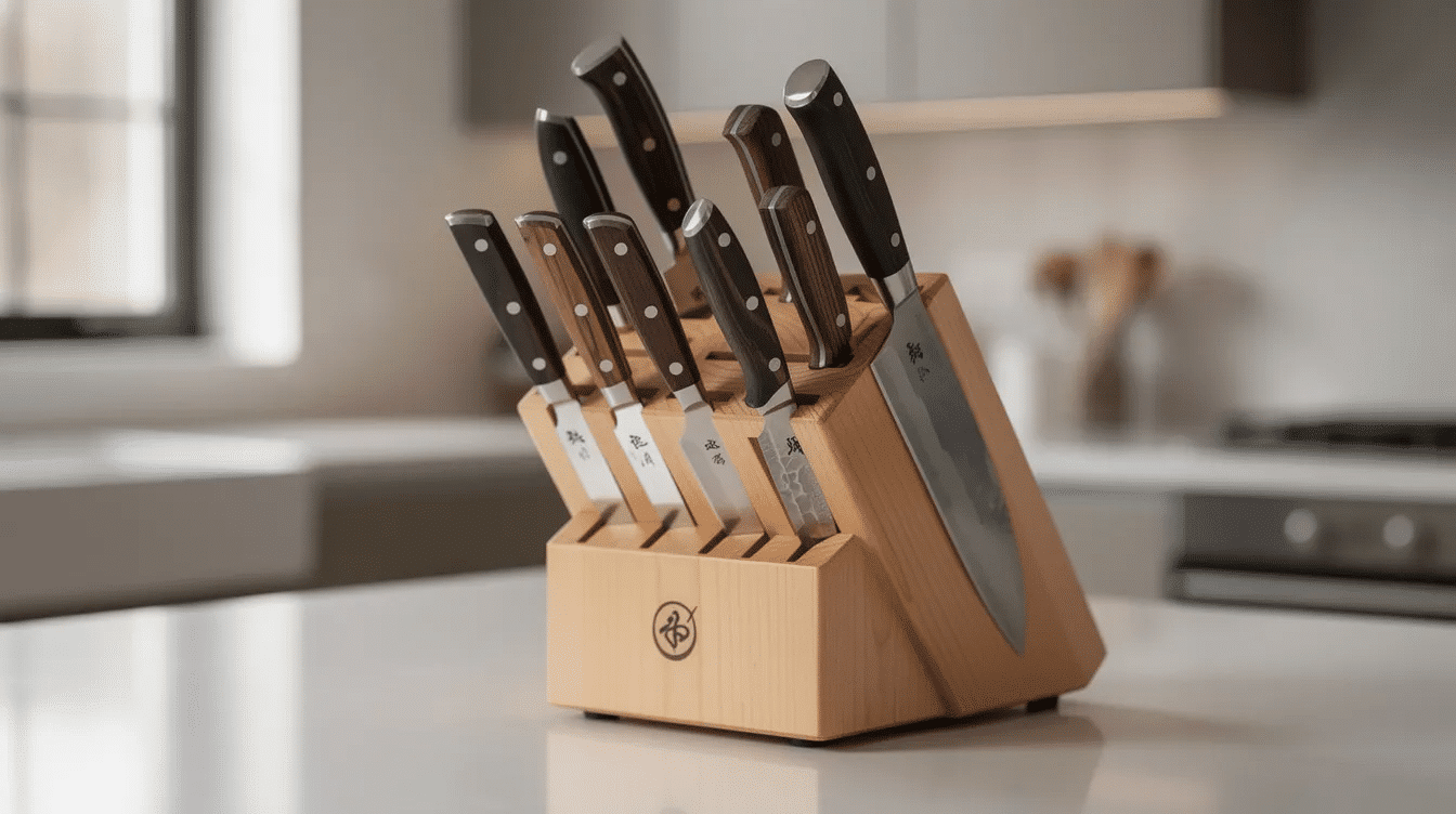 0906012a-3121-41cf-aa91-b00125f0c89c - Japanes Knives Tips An array of high-quality Japanese knives, including a chef's knife, paring knife, and steak knives, is elegantly displayed in a wooden knife block on a kitchen counter. Crafted from premium stainless steel and carbon steel, these professional-grade cutlery tools are perfect for everyday kitchen tasks, showcasing both precision and durability.