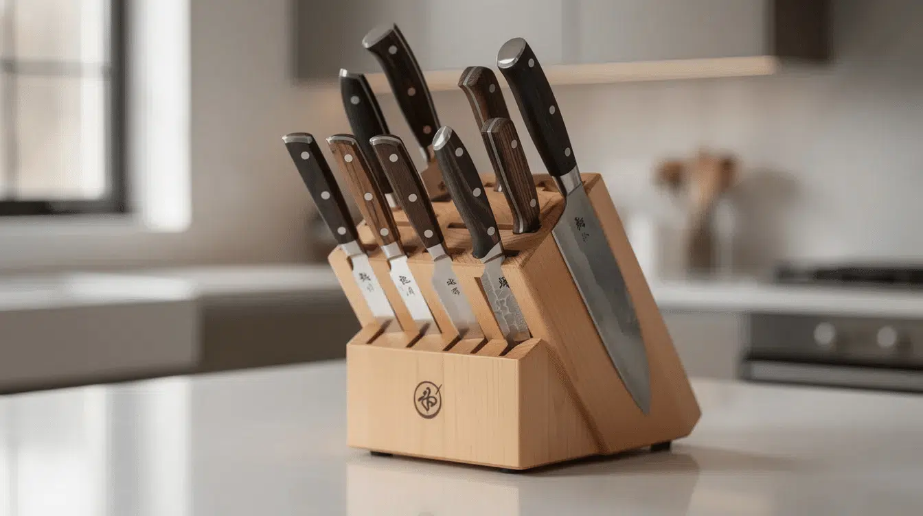 An array of high-quality Japanese knives, including a chef's knife, paring knife, and steak knives, is elegantly displayed in a wooden knife block on a kitchen counter. Crafted from premium stainless steel and carbon steel, these professional-grade cutlery tools are perfect for everyday kitchen tasks, showcasing both precision and durability.