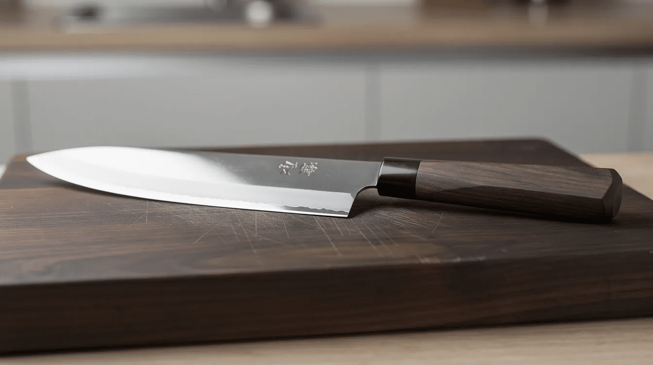 The image features a beautifully crafted Japan knife, showcasing its sleek blade and unique handle design, ideal for both collectors and culinary enthusiasts. The knife is presented in great condition, emphasizing its vintage appeal and quality craftsmanship.