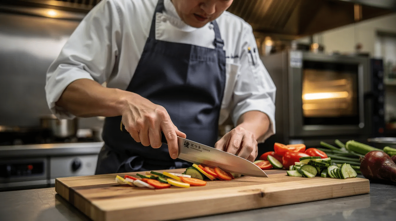 A professional chef skillfully uses a Japanese Gyuto knife, known for its precision and sharpness, to slice fresh vegetables in a bustling commercial kitchen. The scene highlights the craftsmanship of Japanese kitchen knives, showcasing their balance and versatility in everyday prep.