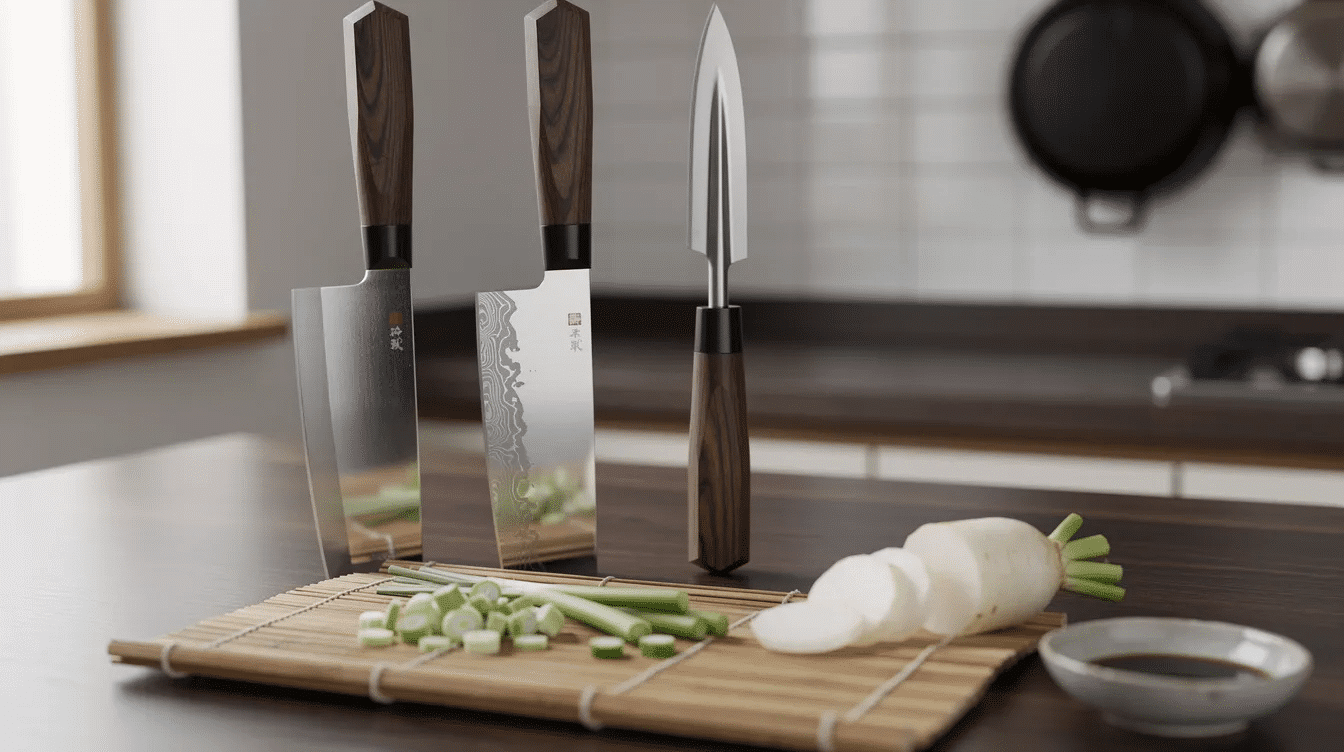 The image showcases a selection of beautifully crafted Japanese kitchen knives, featuring sleek blades and ergonomic handles designed for home cooks. Displayed in a shop window, these global knives highlight their sharp edges and balance, making them a worthy investment for any culinary enthusiast.