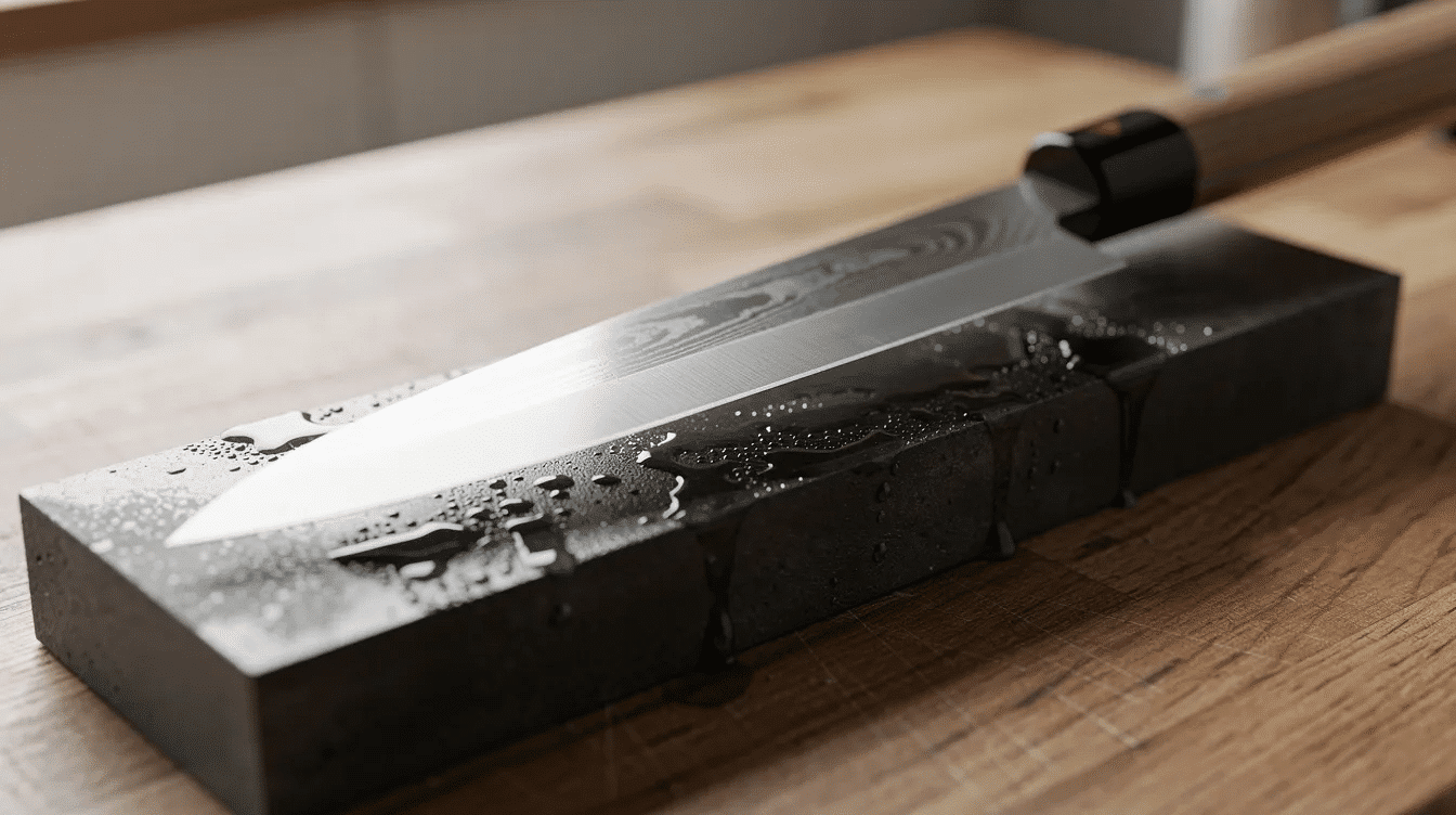 The image shows a whetstone with water, alongside a Japanese chef's knife positioned at the optimal sharpening angle, highlighting the traditional Japanese craftsmanship and precision involved in maintaining the knife's sharpness. This practical tool is essential for professional chefs and home cooks alike, ensuring great edge retention and cutting performance for food preparation.