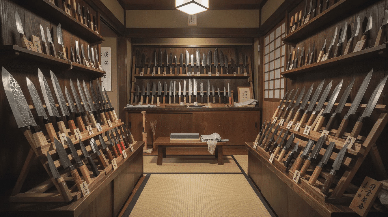 The interior of a traditional Japanese knife shop features wooden displays showcasing a variety of high-quality Japanese knives, including single bevel knives and Damascus gyuto blades, all meticulously arranged for customers. The shop exudes Japanese craftsmanship and offers expert guidance from friendly staff, making it a must-visit for knife enthusiasts and professional chefs alike.