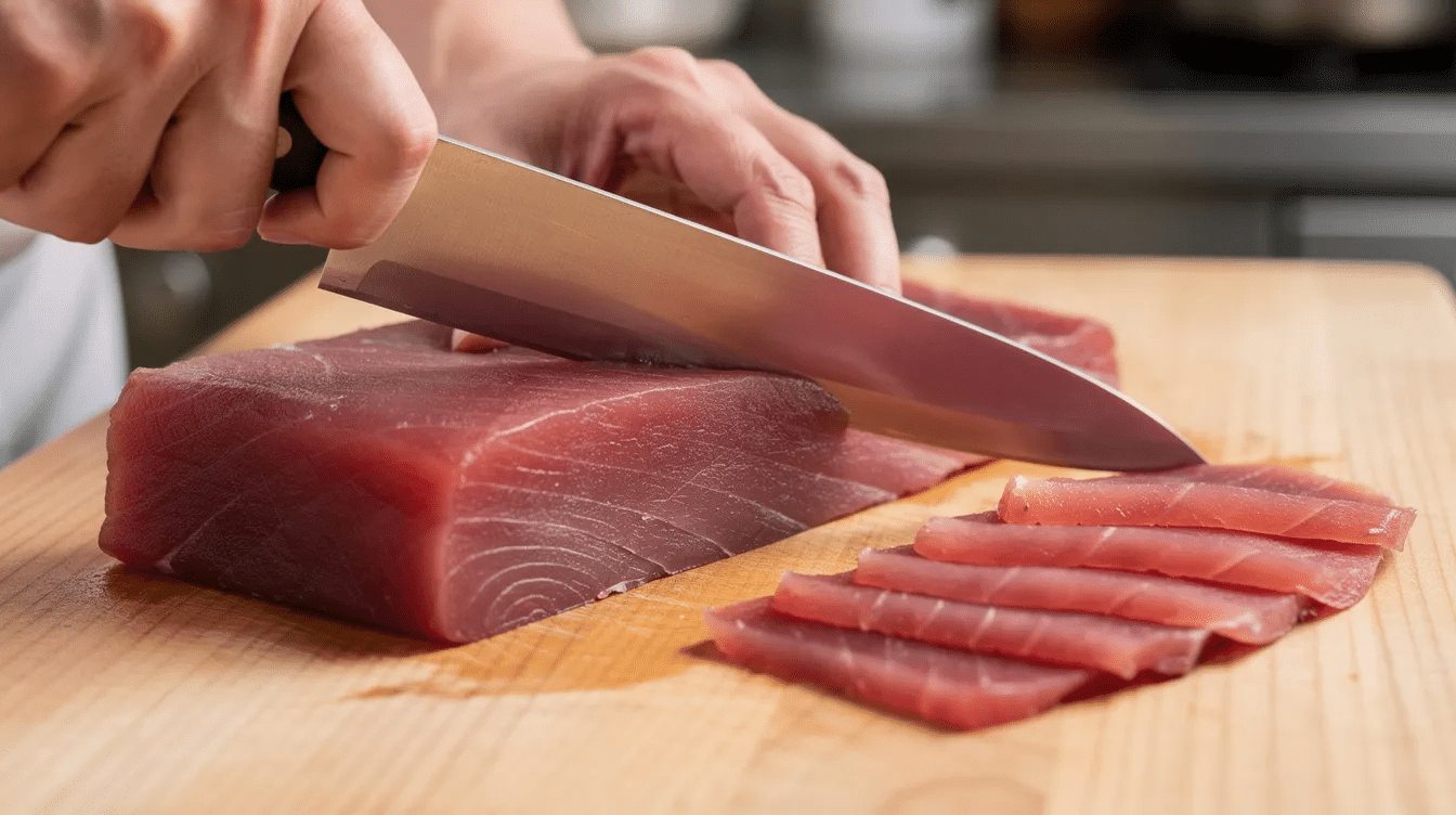 1705a990-bc05-413e-a9c3-1a9d0b5c40b0 - Japanes Knives Tips A pair of hands skillfully demonstrates a pull cut technique on a block of fresh tuna using a sharp, stainless steel sashimi bocho knife on a wooden cutting board. The precision of the blade edge allows for thin slices, showcasing the beauty and quality of the fish as it is prepared for sushi.