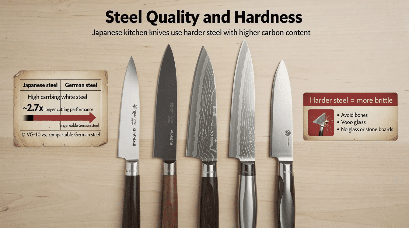 172bdf9e-b3bb-4a16-96ae-3dc251ab9d38 - Japanes Knives Tips The image showcases a selection of high-quality Japanese knives, including a gyuto and nakiri knife, highlighting their sharp blades and fine edge geometry. Crafted from harder steel like VG-10 and featuring traditional designs, these knives exemplify the precision and durability that make Japanese kitchen knives preferred by culinary professionals for various cutting tasks.