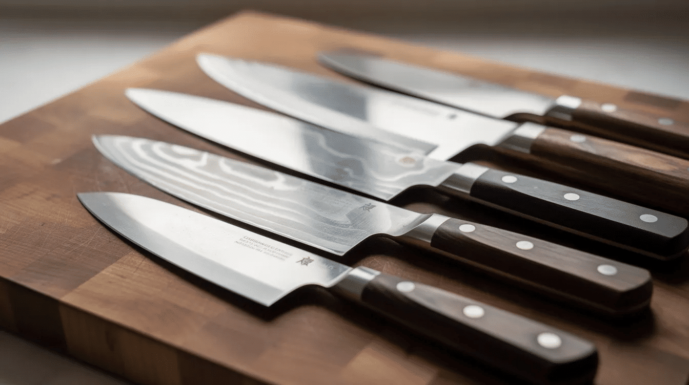 A close-up view of several beautifully crafted Japanese chef knives, featuring precision blades and a sleek design, arranged neatly on a wooden cutting board. The image highlights the craftsmanship and durability of these traditional Japanese knives, showcasing their sharp edges and balance, perfect for any kitchen.