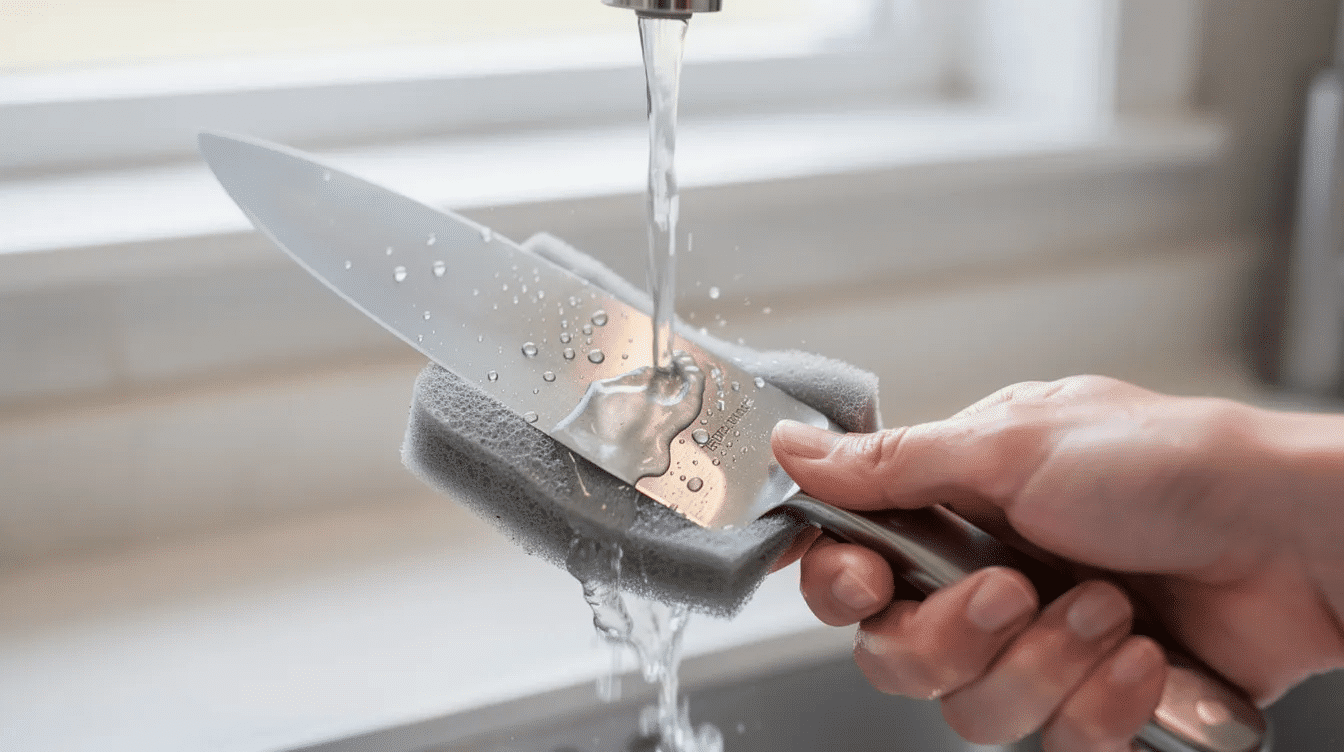 1956ad83-bf64-4795-a7bb-25063abf36a8 - Japanes Knives Tips A pair of hands is gently washing a sharp kitchen knife blade under running water, highlighting the care taken to maintain the quality and performance of the knife, possibly a Kamikoto knife known for its high-quality Japanese steel. The image emphasizes the importance of proper cutlery maintenance for longevity and optimal use.