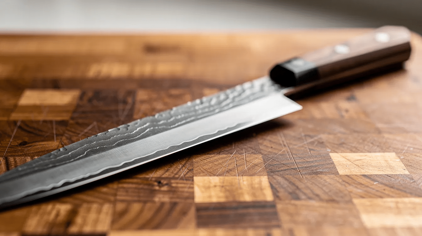 A close-up view of a hand-forged Japanese knife, showcasing its sharp edge and beautiful damascus steel pattern, rests on a wooden cutting board with intricate grain details. This exquisite blade, designed for precision slicing, reflects the craftsmanship and artistry of traditional Japanese kitchen knives, making it a prized possession for both professional chefs and collectors alike.