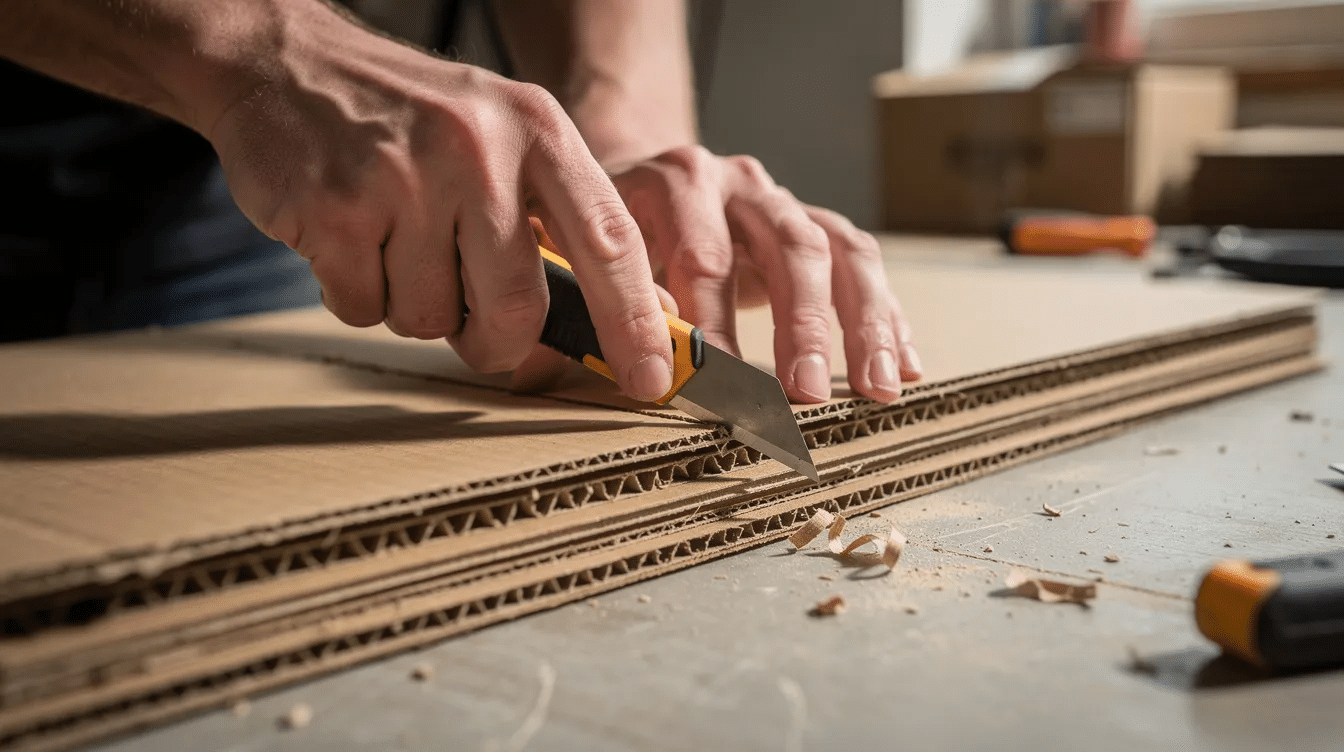 1e3a1edb-336e-46c5-b404-d865c523eb9c - Japanes Knives Tips A pair of hands is using a tanto blade knife to cut through thick cardboard packaging material, demonstrating the knife's piercing power and precision for heavy-duty tasks. The robust tip and secure grip of the knife allow for effective slicing, showcasing its suitability for tackling tough materials.