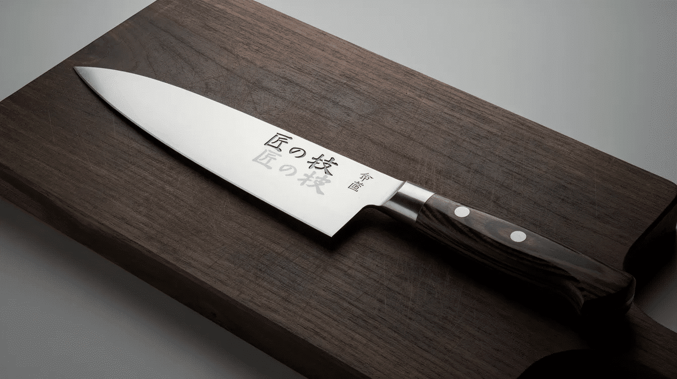 The image showcases a beautifully crafted Japanese knife with a precision-engraved blade, featuring custom engraving that includes initials and intricate kanji characters. The knife exemplifies quality craftsmanship, making it a perfect addition to any chef's kitchen tools.