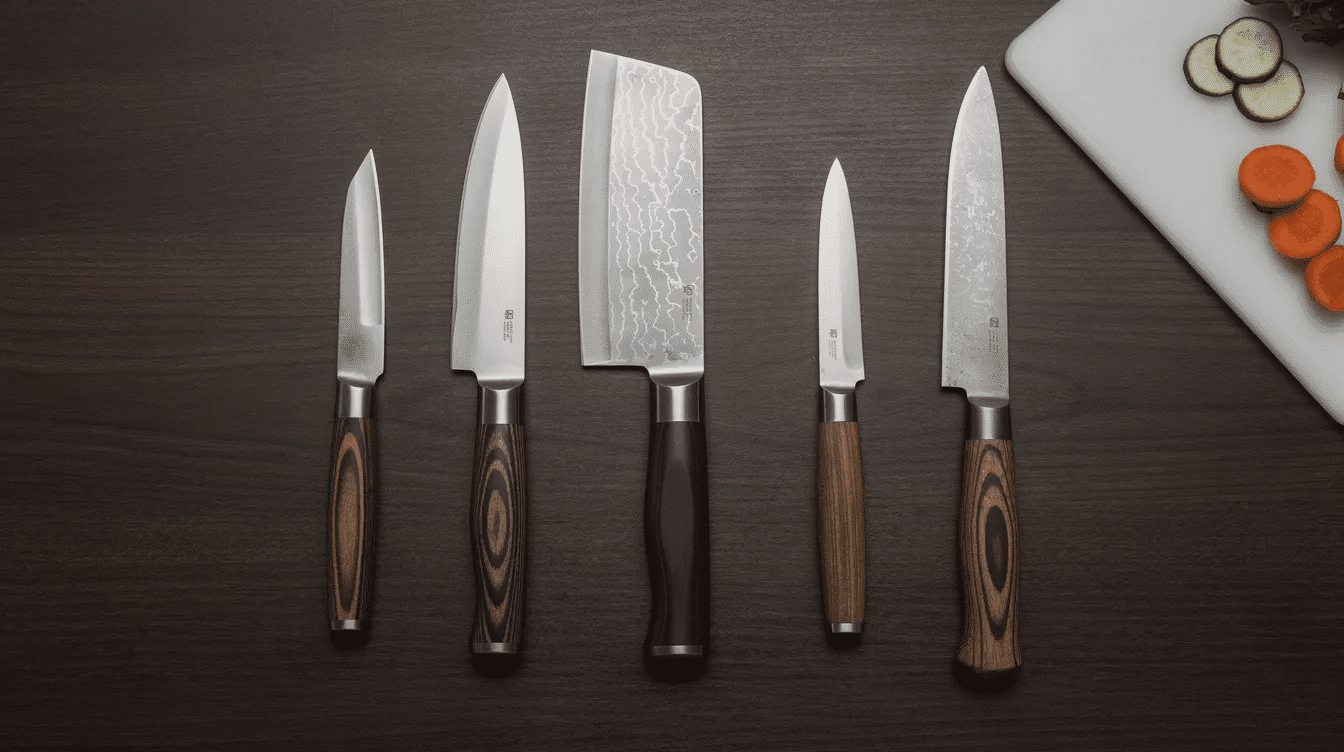 The image showcases a selection of high-quality Japanese kitchen knives, highlighting their sharp blades and exquisite craftsmanship. These professional tools are essential for home cooks and chefs alike, reflecting the beauty and precision of Japanese knife makers.
