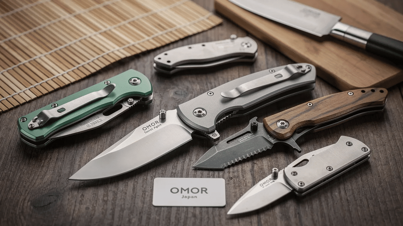 The image showcases a variety of OMOR Japan knives, including a vintage folding knife, a large lockback pocket knife, and a unique fighting knife, all displayed in excellent condition. Each knife highlights the brand's commitment to quality and innovation, making them ideal for collectors and everyday users alike, with options for quick shipping available through their website.