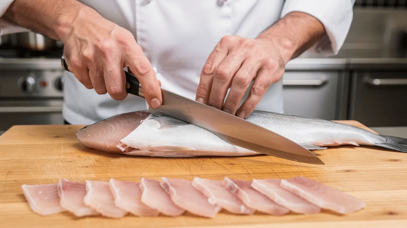 A chef is skillfully demonstrating the proper pull-cut technique with a long blade, expertly slicing through raw fish to prepare sashimi. The image showcases the precision and control required in using fine Japanese knives, highlighting the knife's thin blade and sharp edge essential for filleting fish.