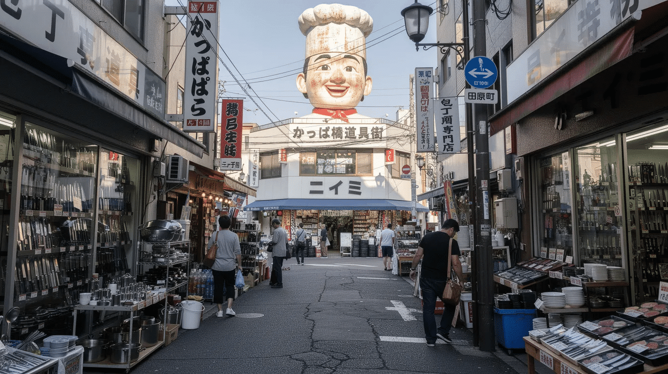The image showcases Kappabashi Dogu-gai, Tokyo's renowned kitchen knife district, featuring a bustling street lined with over 250 shops selling a variety of Japanese kitchen knives, including artisan pieces and stainless options. Prominently displayed is the iconic 6-meter giant chef head atop the Niimi building, a landmark that symbolizes the area's rich history in Japanese craftsmanship and culinary supplies.