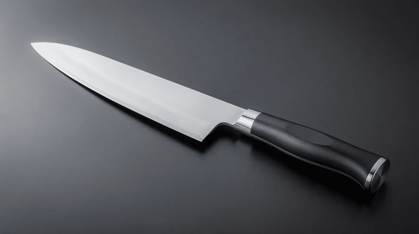 The image features a high carbon Japanese steel blade designed for everyday food prep tasks, showcasing an eastern style ergonomic handle with a chrome endcap for optimal control. The knife is part of a modern kitchen knife set, emphasizing durability and precision for slicing, mincing, and chopping.