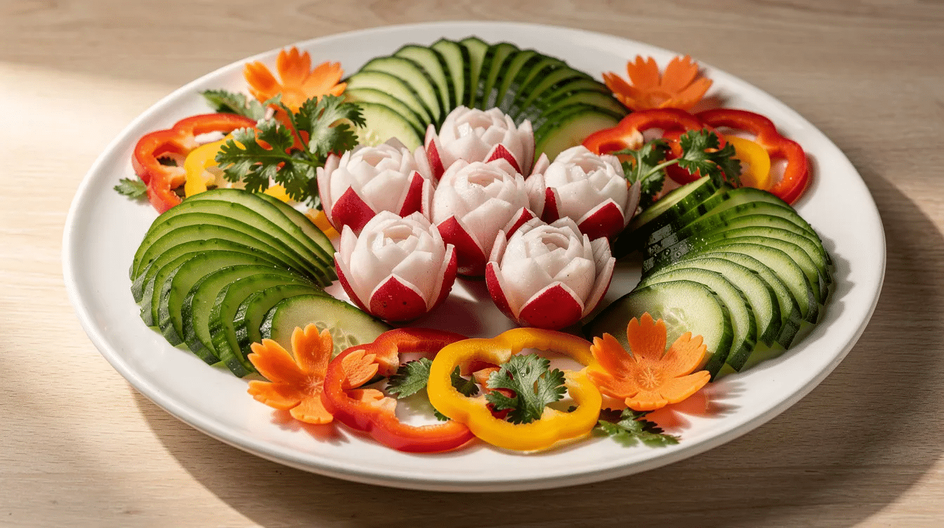 A beautifully arranged plate features an assortment of decoratively cut vegetables, including intricately carved radishes and cucumber fans, showcasing the precision and artistry possible with a good paring knife. The vibrant colors and detailed designs highlight the versatility of this essential kitchen tool for detailed cutting tasks.