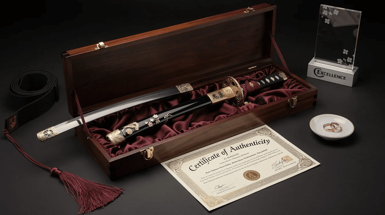 The image showcases a beautifully presented ceremonial katana, elegantly displayed in a premium presentation box alongside a certificate of authenticity. This high-quality katana features intricate details, including a finely crafted tsuba and a personalized engraving on the blade, making it an ideal birthday gift or special occasion offering that connects the recipient to samurai heritage.