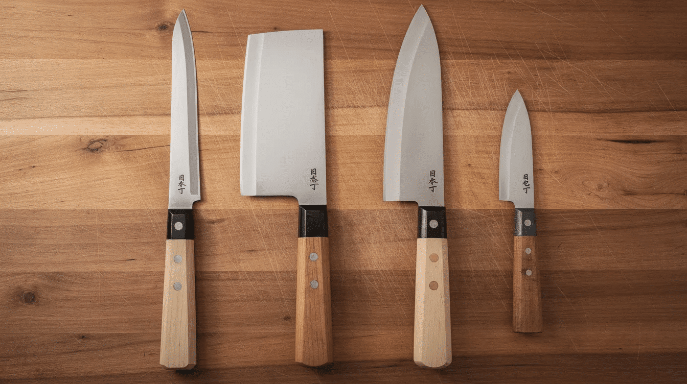 The image showcases a side-by-side comparison of various Japanese knife profiles, including a santoku knife, nakiri knife, and gyuto knife, all displayed on a wooden cutting board. Each knife features distinct blade shapes and lengths, highlighting their unique designs and purposes for tasks such as slicing vegetables and filleting fish.