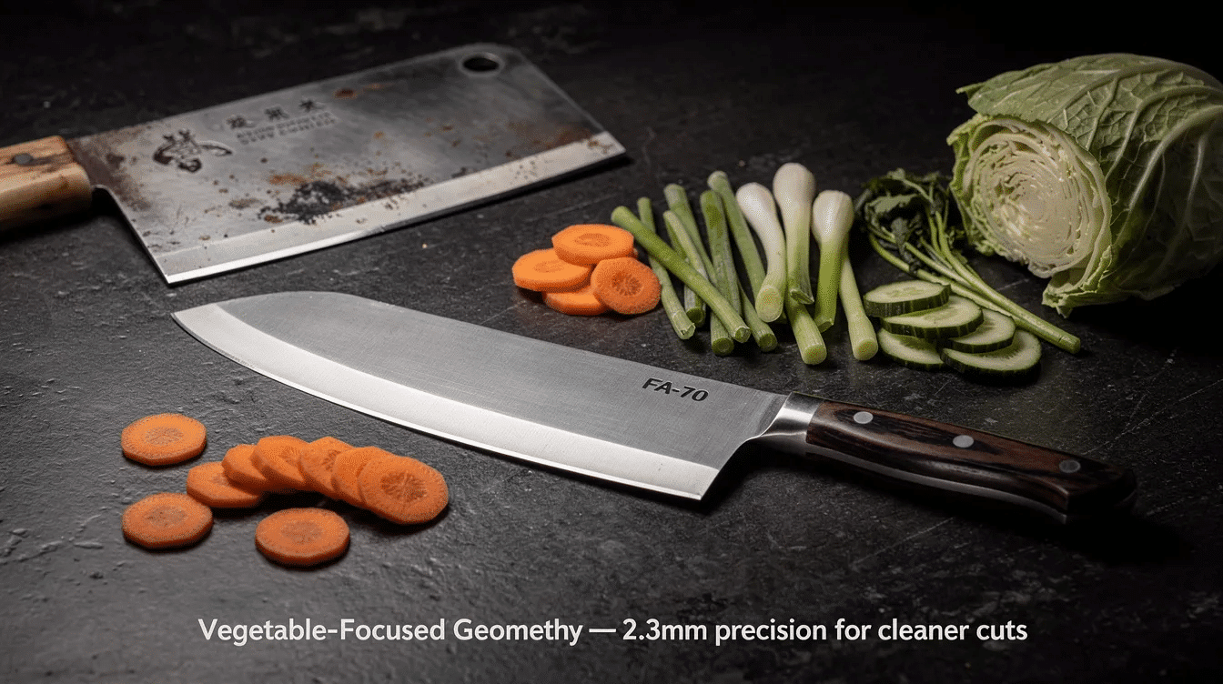 The image showcases the FA-70 Chinese style cleaver, featuring a double-edged blade designed for precision slicing of fine vegetables, with a comfortable round stainless steel handle for enhanced control. The cleaver is displayed on a wooden cutting board, emphasizing its quality craftsmanship and suitability for cooking enthusiasts.