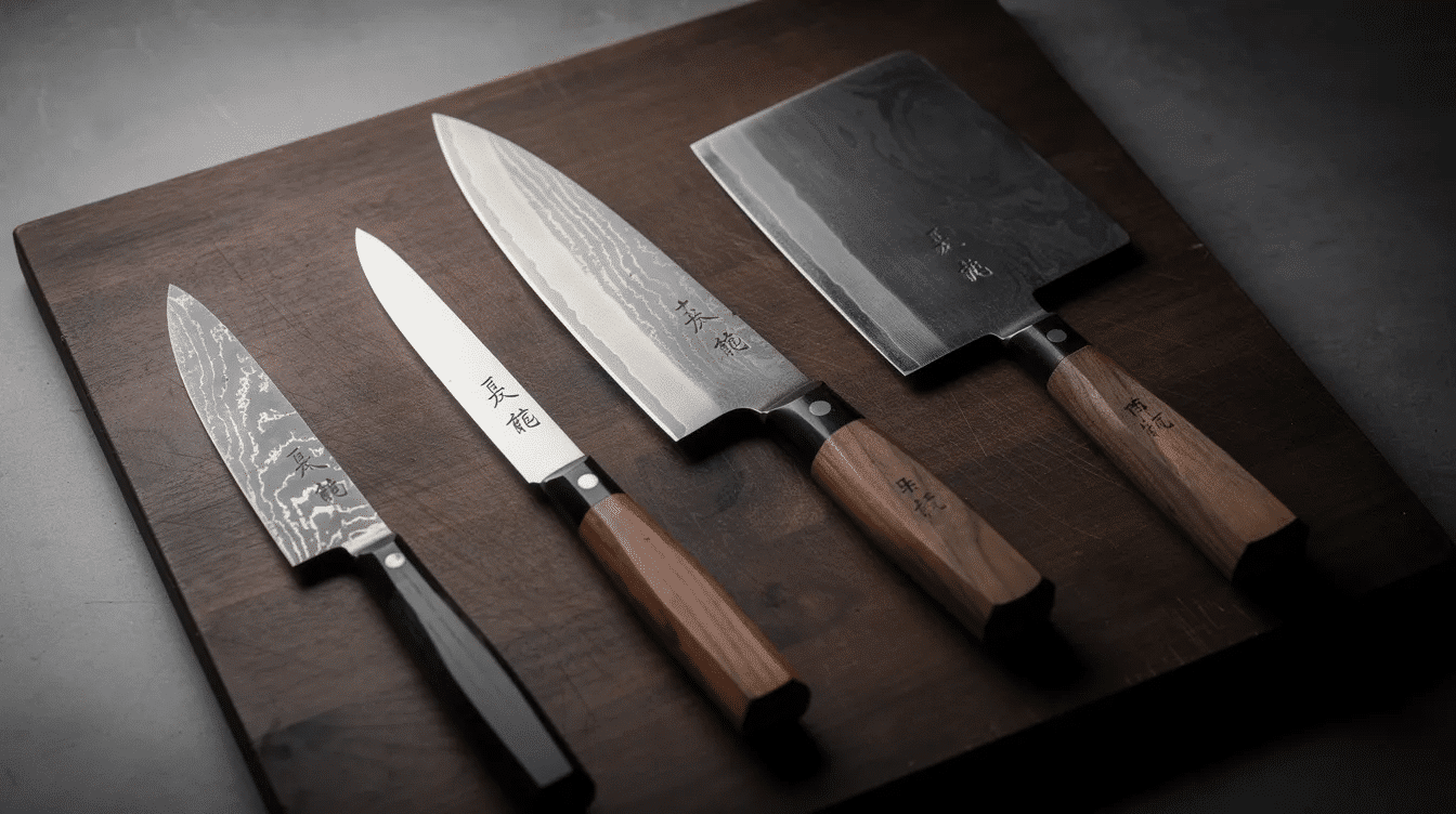 The image showcases a collection of handcrafted Japanese knives, featuring traditional high carbon steel blades known for their sharp edges and precision. Each knife reflects the artistry and craftsmanship of Japanese blacksmiths, making them essential tools for both professional chefs and home cooks.