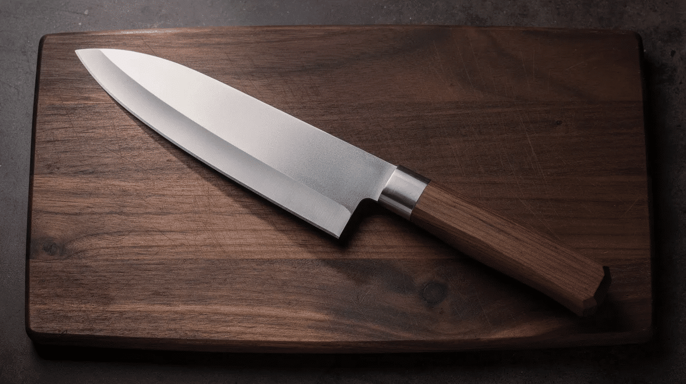 The image features a sleek Japanese all-purpose knife, showcasing its sharp blade and elegant design, ideal for professional chefs and home cooks alike. This versatile tool, often used for cutting vegetables and meat, exemplifies traditional Japanese craftsmanship and precision.