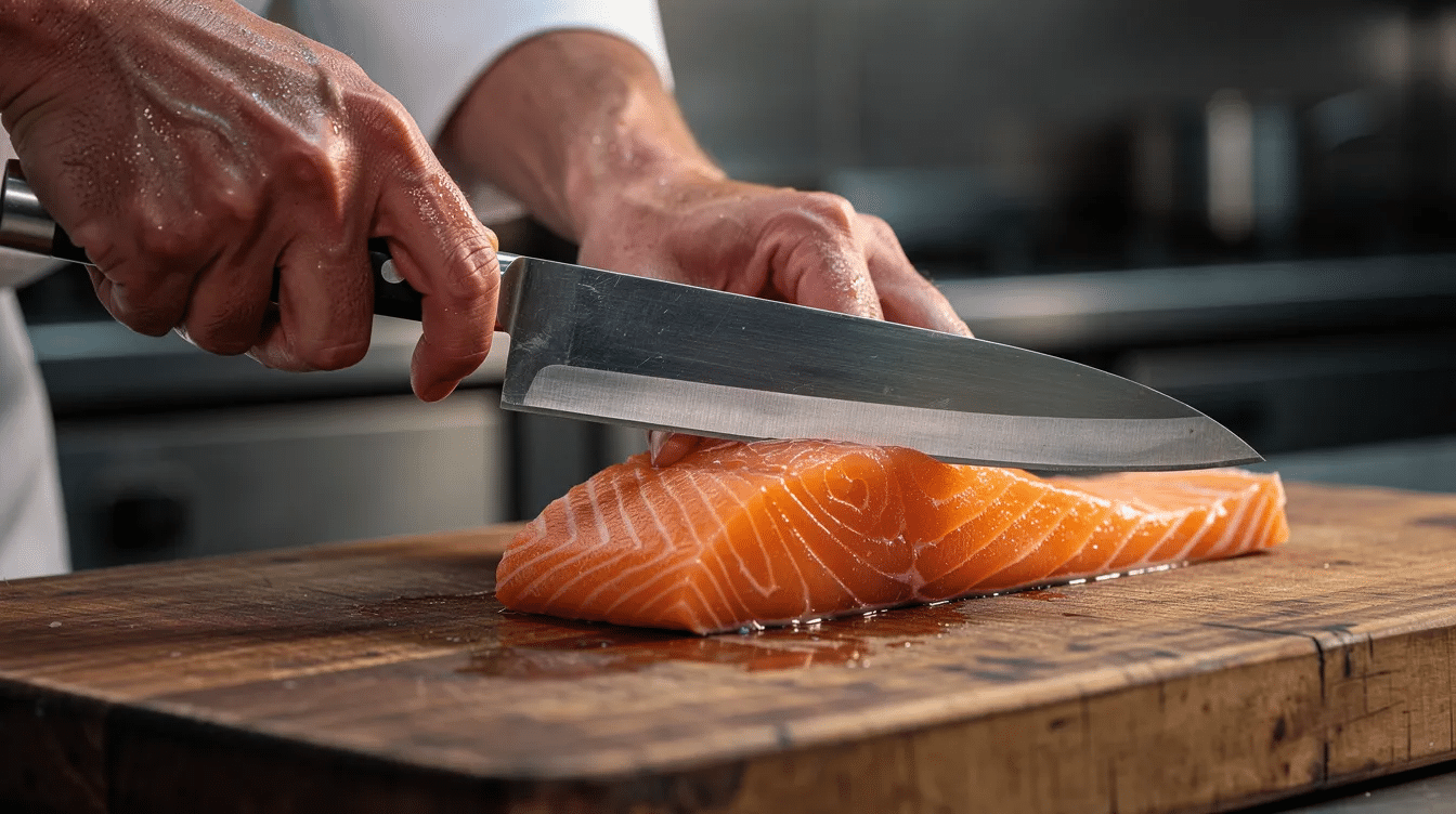 A chef's hands expertly hold a long Japanese knife, poised above a fresh salmon fillet resting on a wooden cutting board, showcasing the knife's thin blade and the precision required for filleting fish. The image highlights the craftsmanship of Japanese kitchen knives, emphasizing their sharpness and control in professional cooking.