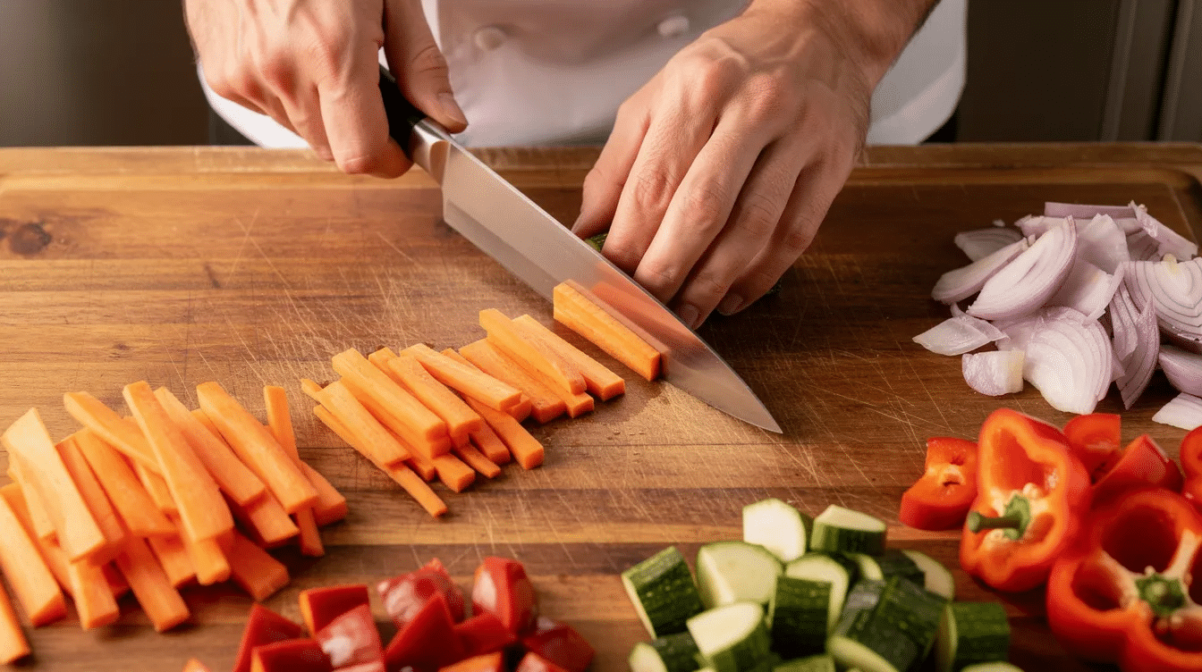 A chef's hands skillfully chop vegetables on a wooden cutting board using a sharp, well-balanced Japanese knife crafted from high-quality Damascus steel. The precision of the cuts showcases the knife's sharp edge and the chef's expert technique, highlighting the art of culinary craftsmanship.