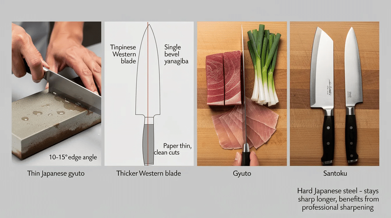 459968c6-4612-4663-aca0-f4afdadf4490 - Japanes Knives Tips The image showcases a variety of traditional Japanese knives, including a gyuto knife and a santoku knife, highlighting their razor-sharp edges and thin blade profiles. These high-quality knives are designed for precise slicing of delicate ingredients like raw fish and vegetables, demonstrating the superior sharpness and craftsmanship of Japanese blades compared to Western style knives.