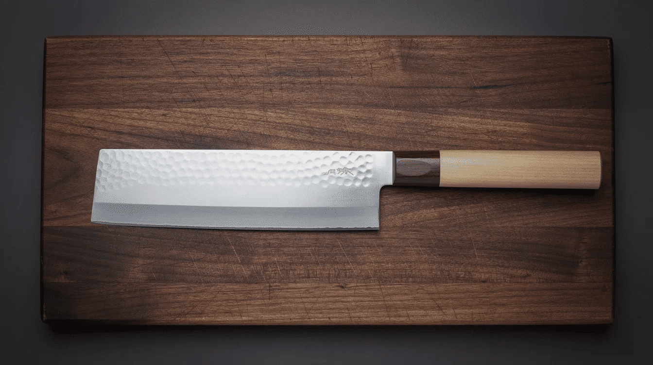 The image features a traditional Japanese square knife, showcasing its thin blade and pointed tip, ideal for precision cuts in slicing vegetables and delicate tasks. The knife's design reflects the craftsmanship of Japanese knives, emphasizing its lightweight nature and sharp edge for professional chefs and home cooks alike.