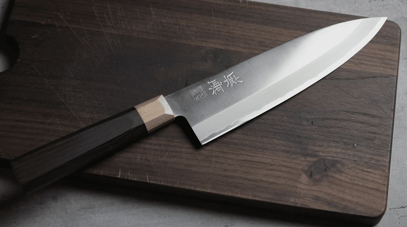 The image features a beautifully crafted Japan knife, showcasing its sleek blade and unique handle design, ideal for both collectors and culinary enthusiasts. The knife is presented in great condition, emphasizing its vintage appeal and quality craftsmanship.