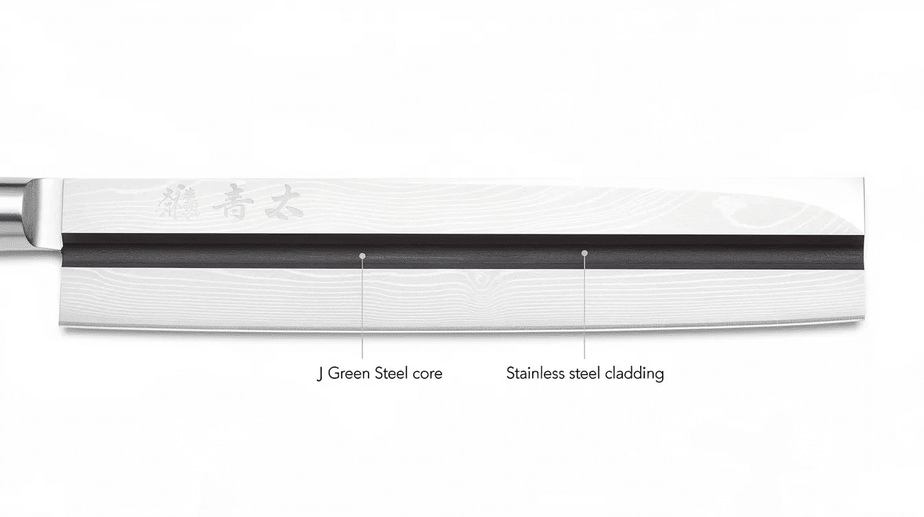 The image showcases a Japanese chef's knife featuring a fine tool design with sanmai construction, characterized by a hard J Green Steel core for excellent edge retention, surrounded by layers of stainless steel for durability and corrosion resistance. This traditional Japanese craftsmanship highlights the knife's sharpness and balance, making it an ideal tool for professional chefs and home cooks alike during food preparation.