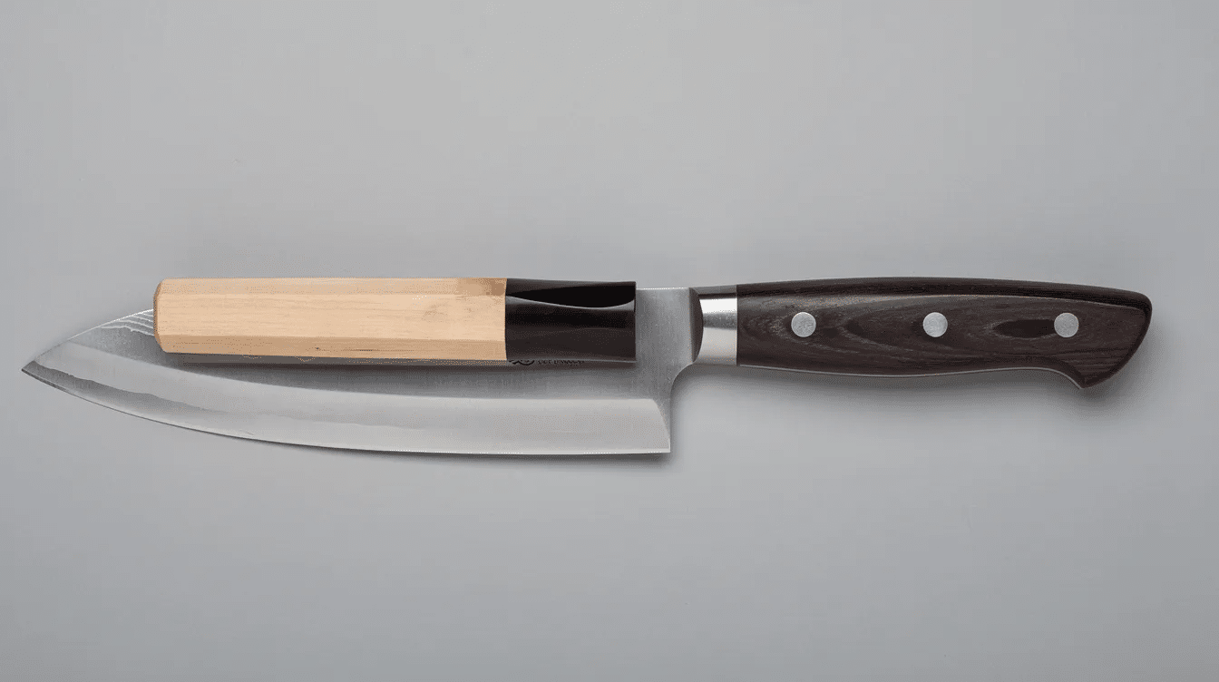 48110d6f-614e-4040-a2d3-5c27c75b8f5c - Japanes Knives Tips The image features a side-by-side comparison of a traditional Japanese wa-handle and a Western full-tang knife handle, showcasing the unique craftsmanship and design differences. The wa-handle, often made from pakkawood, emphasizes lightweight design and perfect balance, while the full-tang handle highlights durability and control, reflecting the diverse styles of kitchen knives used by professional chefs and home cooks worldwide.