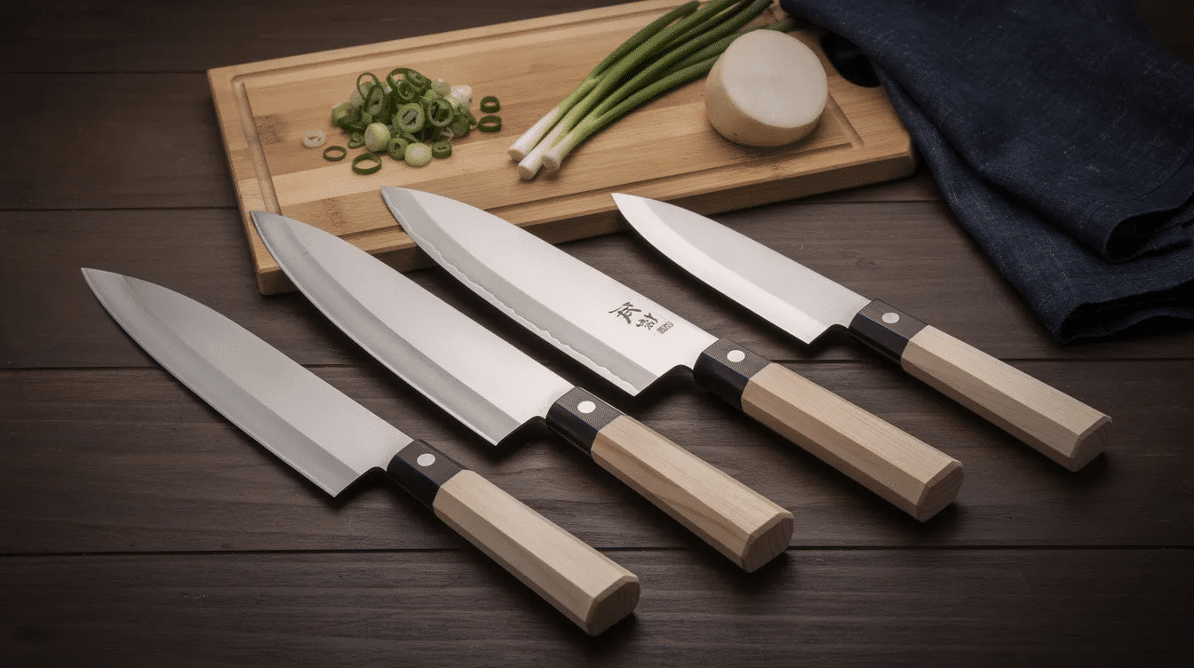 The image showcases a collection of exquisite Japanese kitchen knives, featuring beautifully crafted blades made from high-quality Damascus steel and carbon steel. Each knife, including the traditional santoku and slicer, boasts a sharp edge and an elegant ebony handle, highlighting the perfect balance and precision that professional chefs and home cooks alike appreciate.