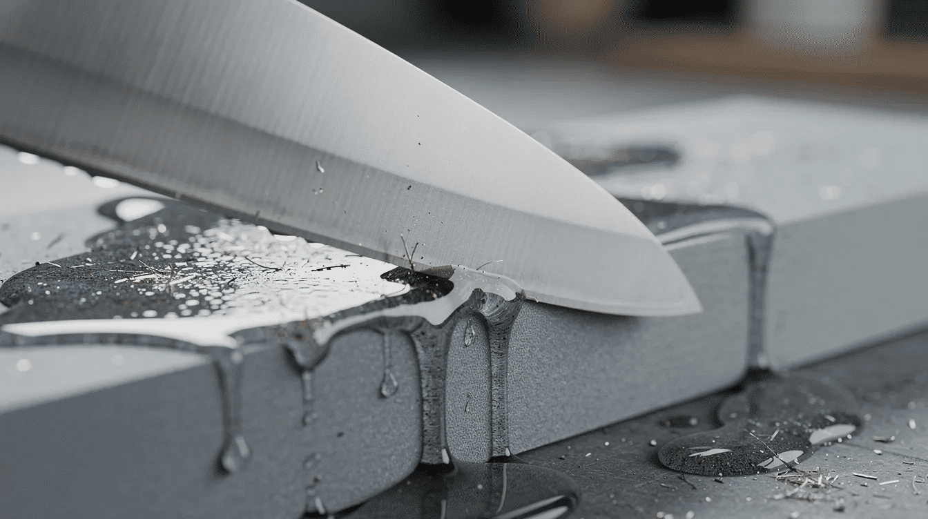 4cfe3c0e-d5c9-4312-b418-b84115c6b3f9 - Japanes Knives Tips The image shows a high carbon steel knife being sharpened on a whetstone, with water pooling on the stone's surface, highlighting the sharp edge being meticulously refined. This process enhances the knife's superior sharpness and edge retention, making it ideal for both professional chefs and home cooks.