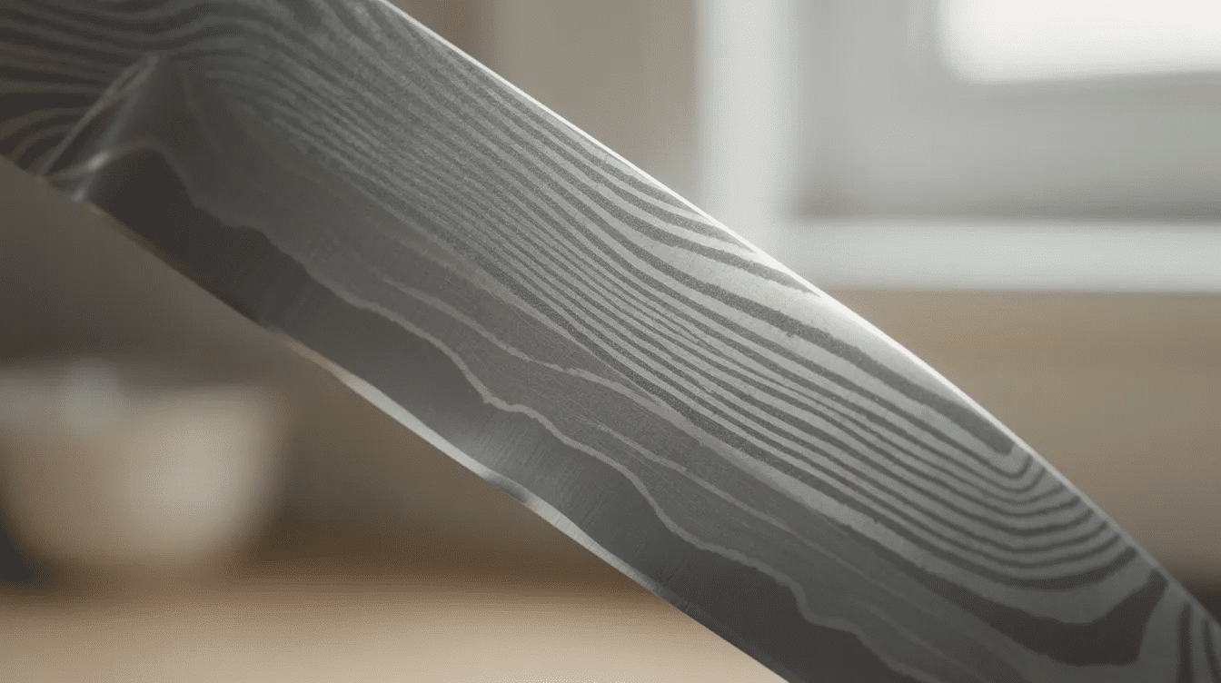 The image features a close-up view of a Japanese kitchen knife blade, showcasing its intricate layered steel construction and a polished cutting edge. This high-quality blade, made from high carbon steel, reflects traditional Japanese craftsmanship, emphasizing its sharpness and durability, ideal for professional chefs and home cooks alike.