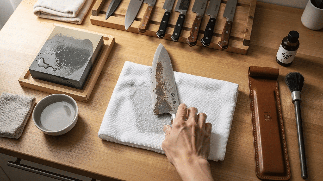 The image depicts a collection of used Japanese knives, showcasing various types including a chef knife and steak knives, each with beautifully crafted wooden handles and precision blades. Proper care is emphasized, highlighting the craftsmanship and durability of these kitchen knives, essential tools for professional chefs and culinary enthusiasts alike.