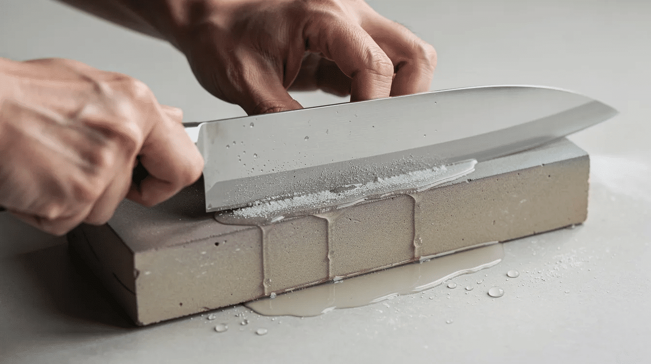 A pair of hands is skillfully sharpening a Japanese knife on a whetstone, with water enhancing the process. The scene captures the precision and care involved in maintaining the sharp blade of a traditional Japanese knife, essential for tasks like slicing vegetables and filleting fish.