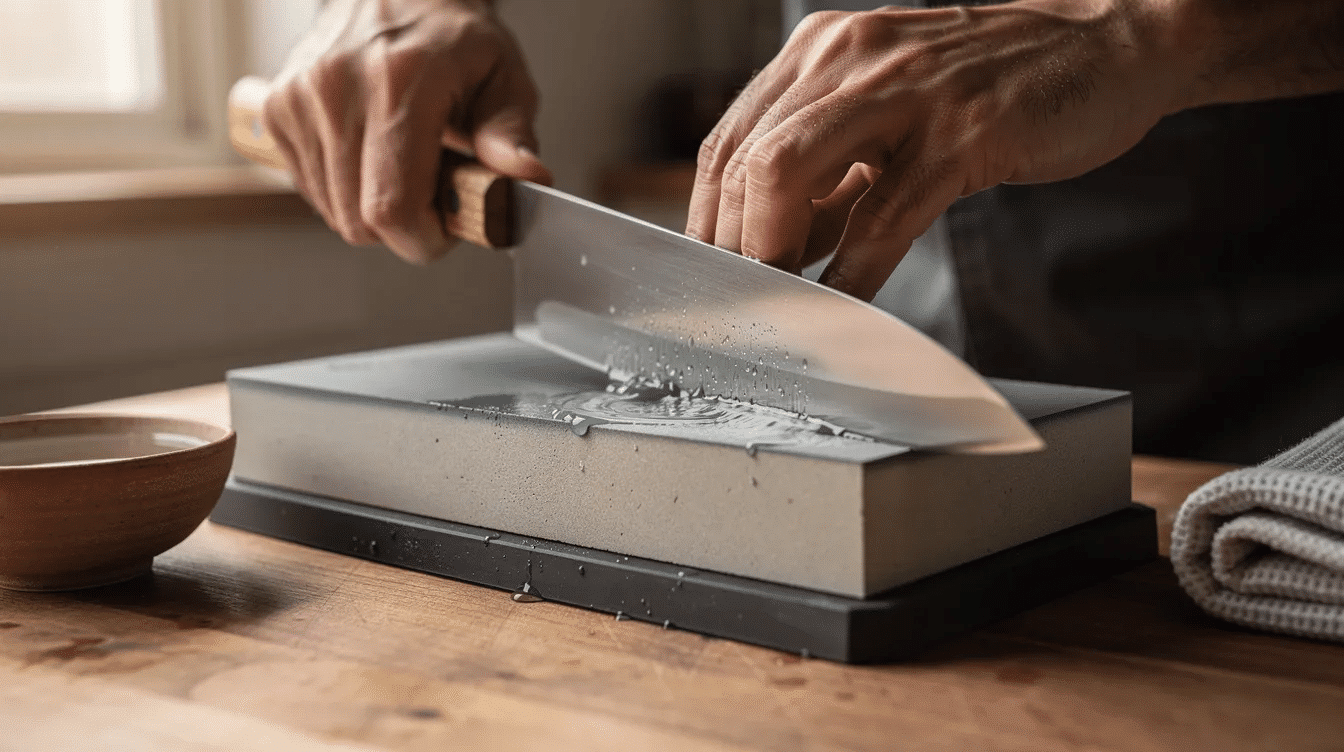 A skilled artisan is seen sharpening a Japanese knife, specifically a kiritsuke petty knife, on a whetstone, showcasing the exceptional sharpness and durability that has been crafted over a century in the Kochi prefecture. The artisan's focused technique highlights the enduring spirit of traditional knife-making, respected by home cooks and chefs alike.