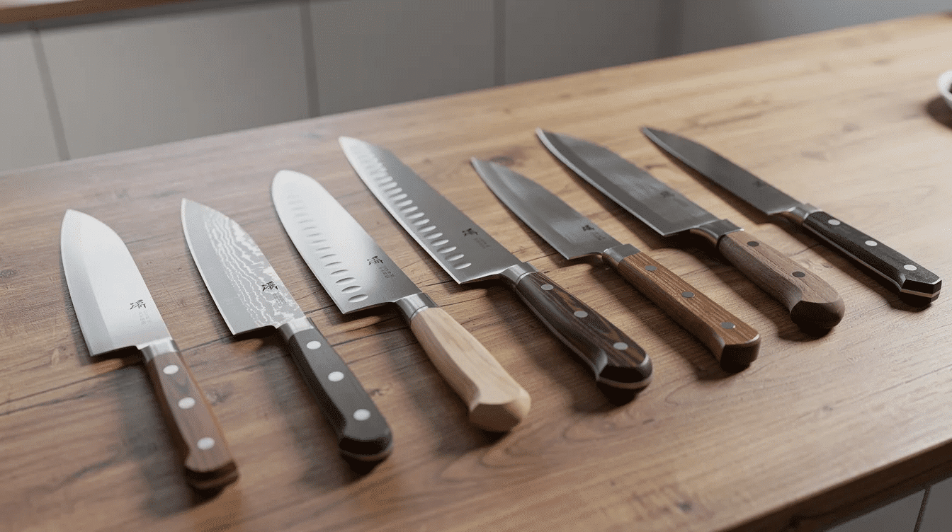 A beautiful display of various high-quality Japanese kitchen knives is arranged on a wooden counter, showcasing different blade styles and handle types, including single bevel knives and Damascus gyuto. This scene highlights the craftsmanship and precision of Japanese knives, perfect for both professional chefs and home cooks, inviting customers to explore the art of cutting in a traditional Japanese knife shop.