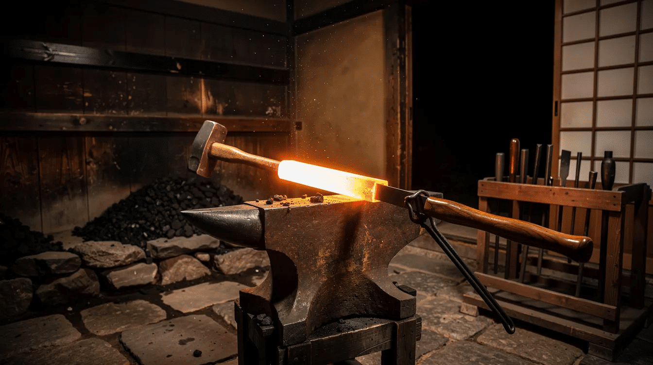 The image depicts a traditional Japanese forge, with glowing hot steel being shaped by skilled hands, surrounded by various smithing tools. The scene captures the artistry and craftsmanship involved in creating exquisite Japanese knives, emphasizing the beauty and precision of the forging process.