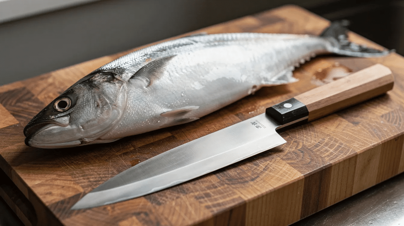 A traditional Japanese Deba knife with a sharp carbon steel blade is positioned on a wooden cutting board beside a whole fresh fish, ready for filleting. The knife features a thick spine and a single bevel edge, making it an essential tool for cutting through small bones and skin with precision.