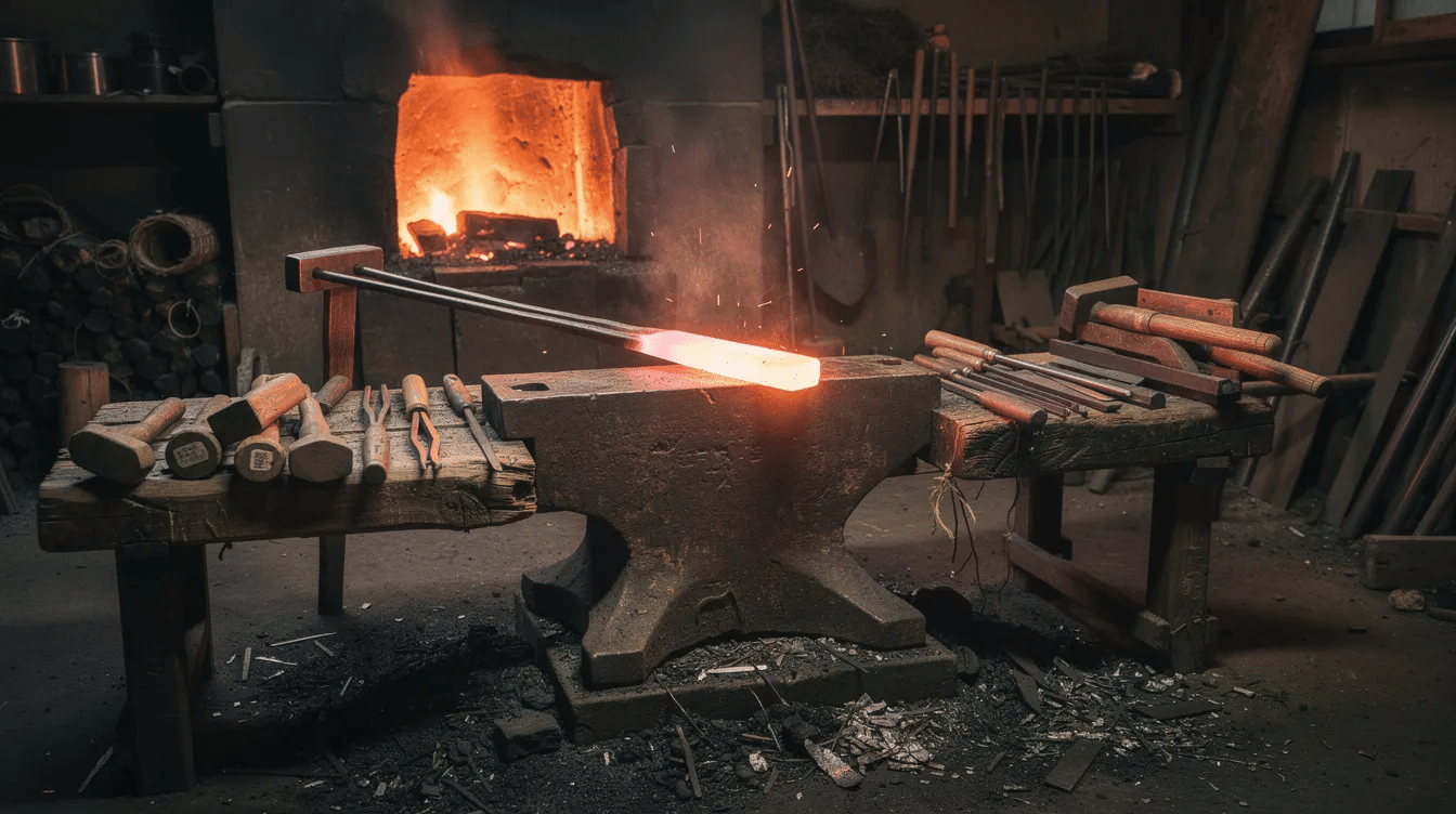 58612d66-c4d0-4acb-ae01-6d1ca48a5c7e - Japanes Knives Tips The image depicts a traditional Japanese forge, showcasing glowing steel and essential tools used by craftsmen to create high-quality Japanese knives. The scene highlights the artistry and precision involved in the process of crafting durable blades, such as the kiridashi knife, known for its sharpness and edge retention.