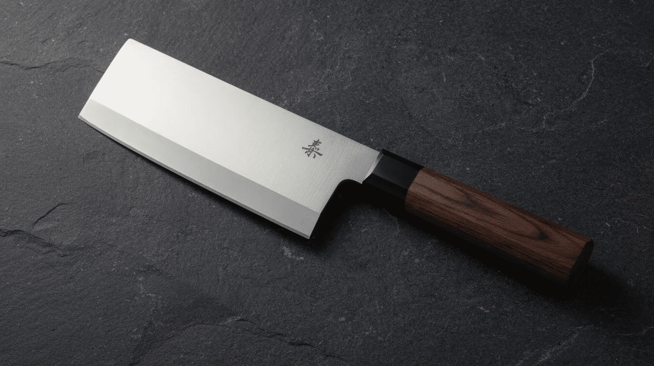 The image features a traditional Japanese square knife, showcasing its thin blade and pointed tip, ideal for precision cuts in slicing vegetables and delicate tasks. The knife's design reflects the craftsmanship of Japanese knives, emphasizing its lightweight nature and sharp edge for professional chefs and home cooks alike.