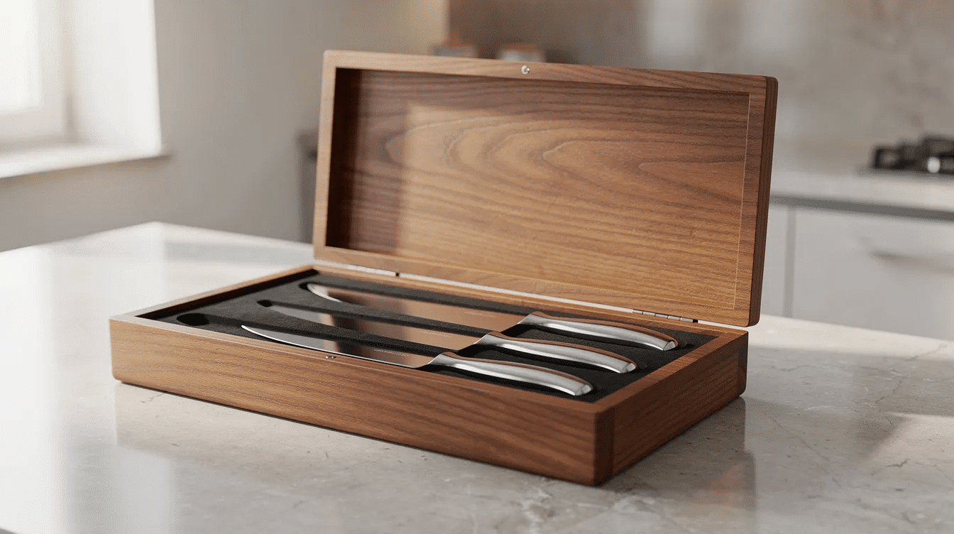 5a1acacb-73a0-4090-b874-3fa4de8649c4 - Japanes Knives Tips An elegant wooden knife storage box sits open on a kitchen counter, showcasing three high-quality Kamikoto knives, including a chef's knife and a slicer, all crafted from fine Japanese steel. The beautiful knives are displayed prominently, highlighting their sharpened edges and exquisite craftsmanship.
