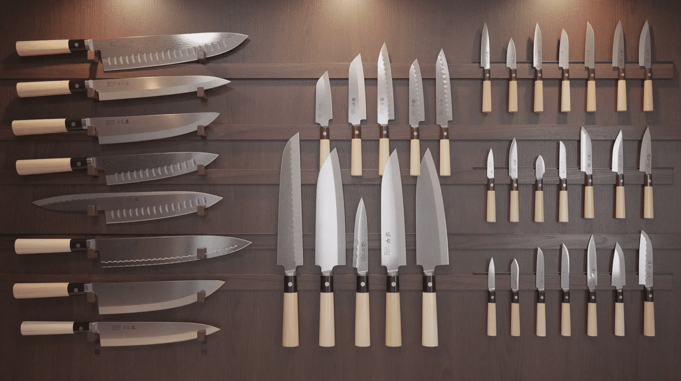 5b353a3d-7ef2-4e3f-846a-6e75c80fa528 - Japanes Knives Tips The image showcases a beautifully arranged wall of Japanese kitchen knives, displaying a variety of types and sizes, highlighting the craftsmanship of skilled artisans. Each knife features unique engravings, making it a perfect piece for collectors and those interested in the art of cooking, with a focus on quality and sharpness.