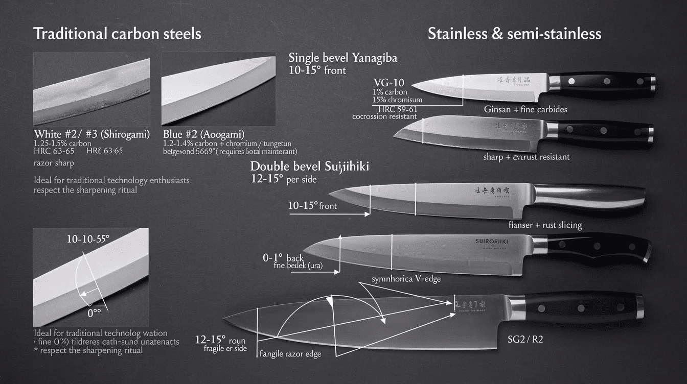The image showcases various long knives, highlighting their steel choices and edge geometries, including traditional carbon steels like White #2 and Blue #2, as well as stainless options like VG-10 and Ginsan. These fine Japanese knives are designed for precision cutting, making them ideal for professional chefs and sushi chefs preparing sashimi or filleting fish.