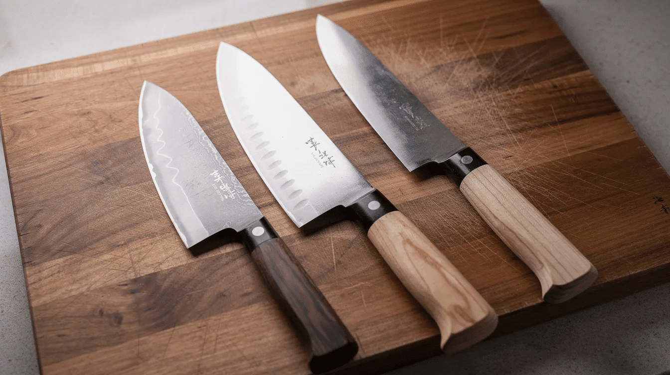 A close-up view showcases several Japanese chef knives, each featuring unique blade profiles, elegantly arranged on a wooden cutting board. The image highlights the craftsmanship and precision of these kitchen knives, perfect for both professional chefs and home cooks in everyday preparation tasks.
